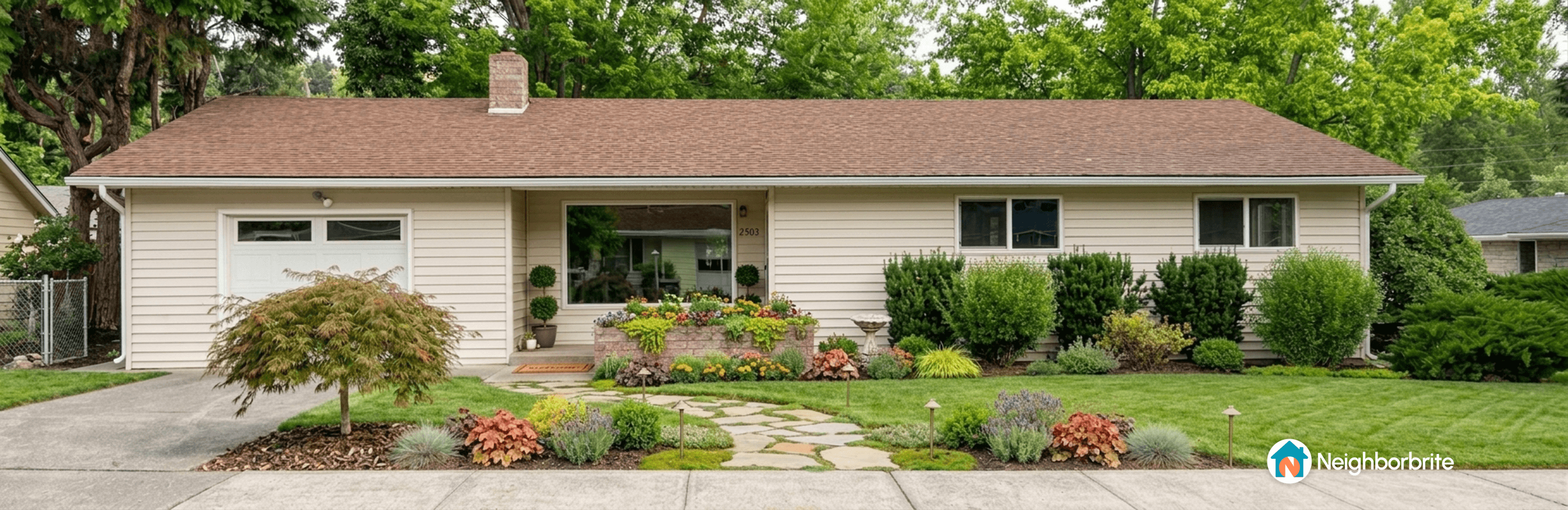 A landscaped front yard featuring a flagstone walkway.