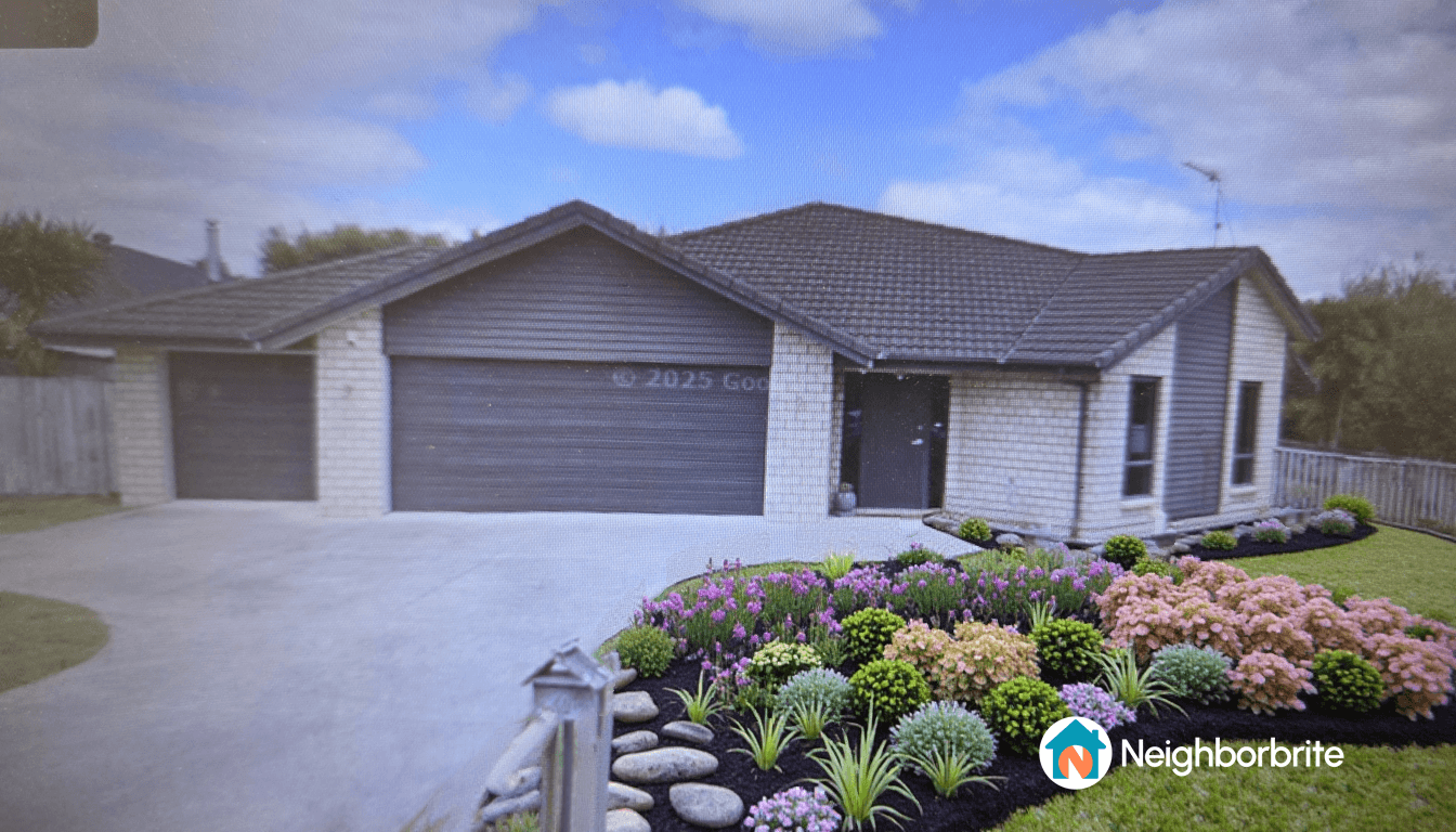 A well-landscaped home with colorful flowers and trees in the yard.