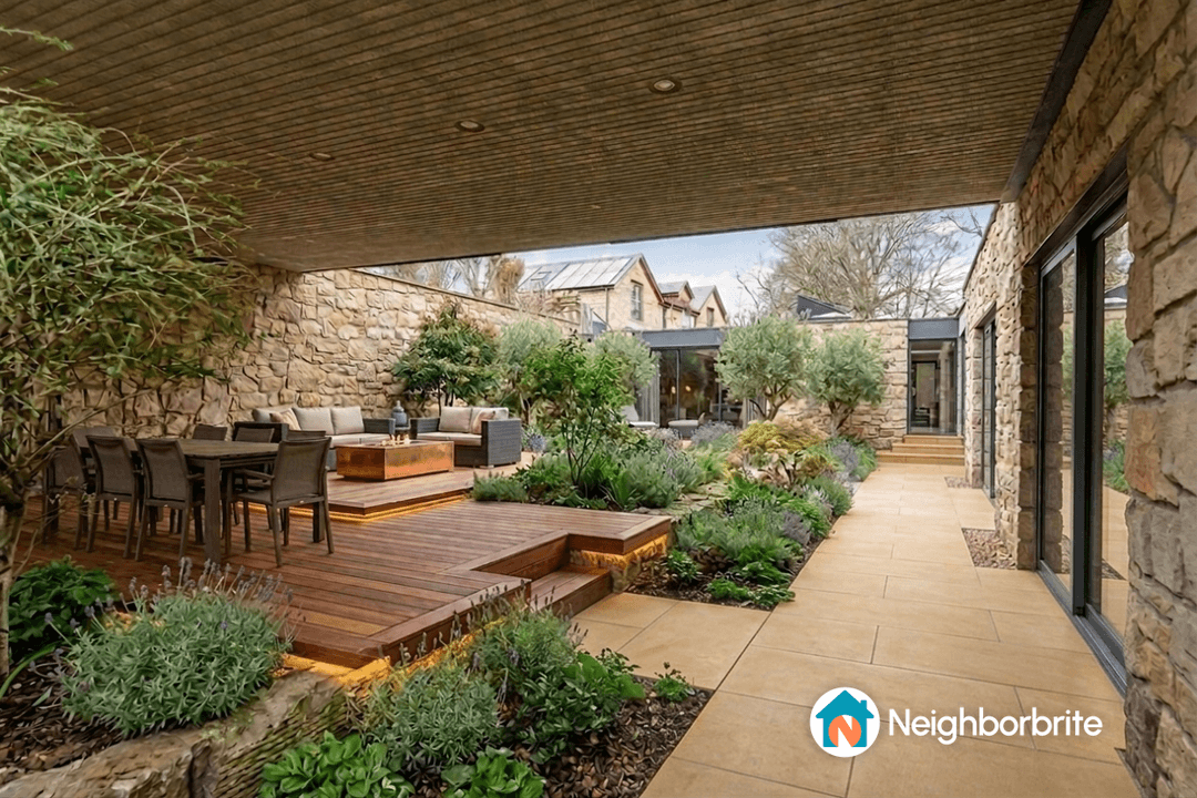 A beautifully renovated courtyard with plants and seating area.