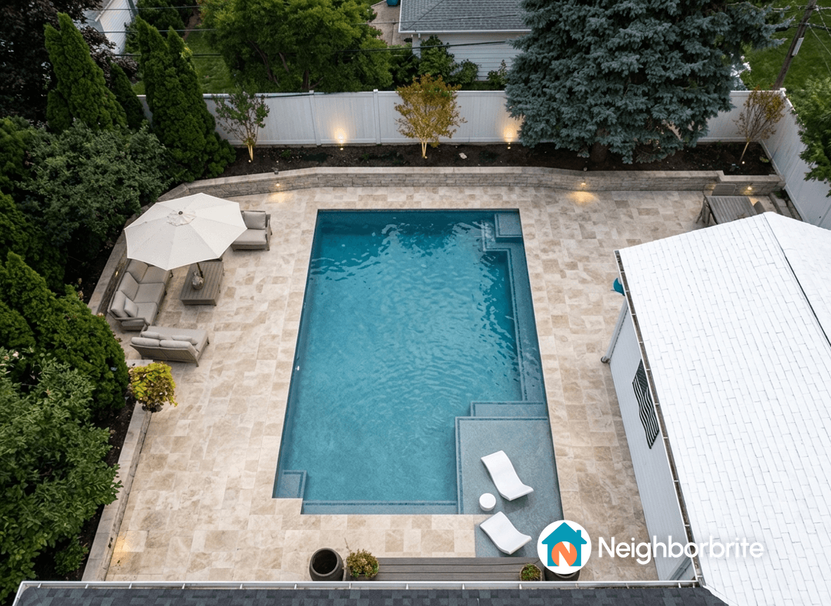 Aerial view of a pool and patio, exploring smaller design options.