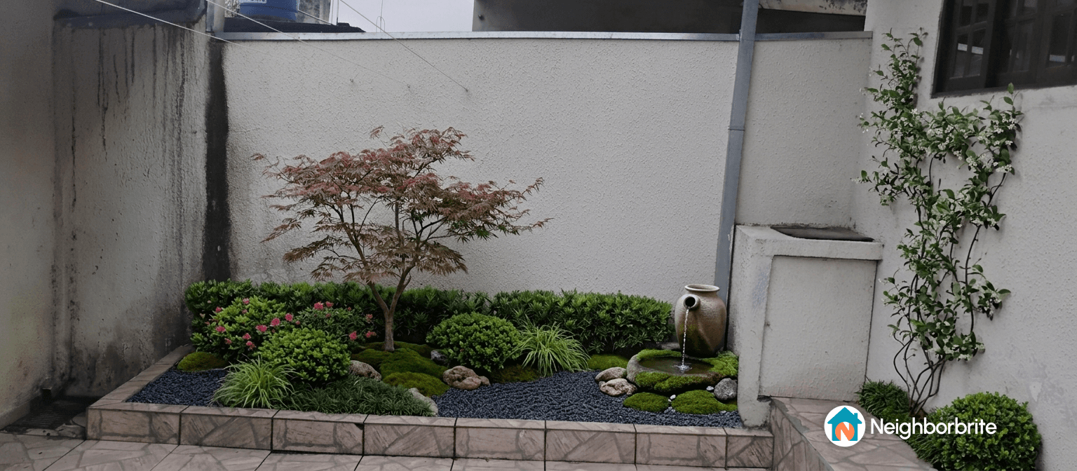 Jardim decorativo com plantas, pedras e fonte em Curitiba