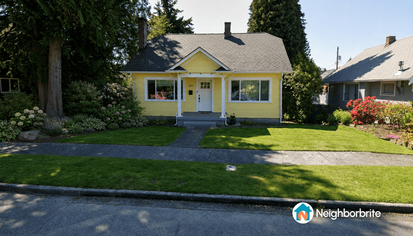 Front yard with healthy cedar tree and landscaped garden.