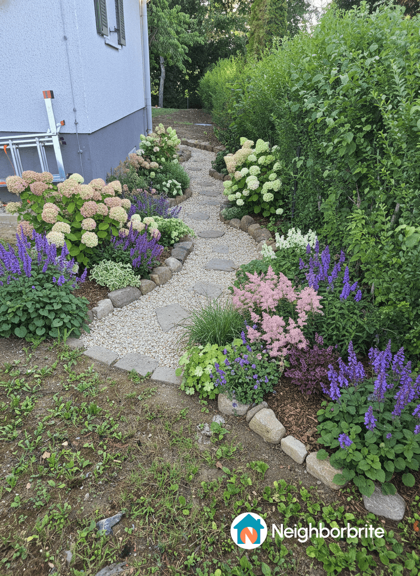 A charming garden pathway lined with colorful flowers and greenery.