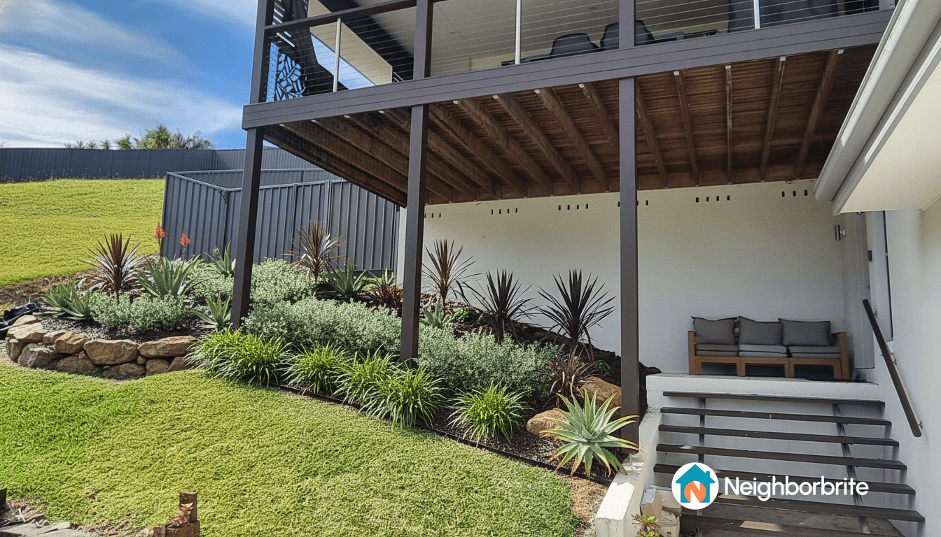 A well-designed yard with plants and seating under a deck.