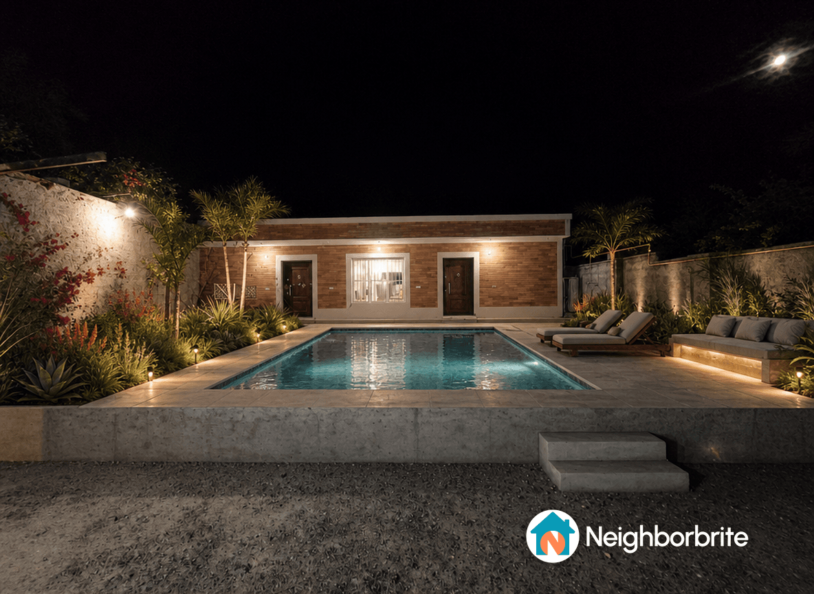 A beautifully lit pool area with lounge chairs and tropical plants at night.