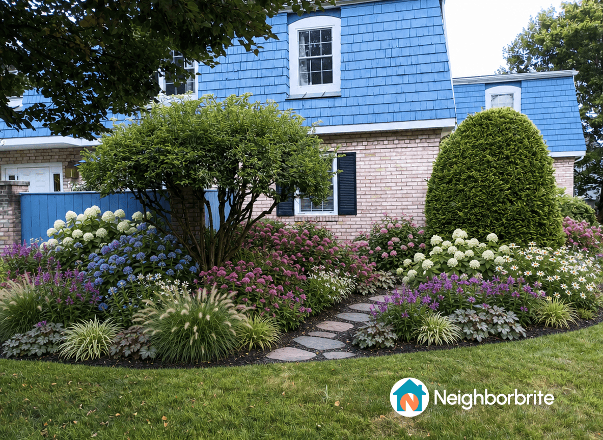Colorful garden with various flowers and plants, seeking ideas for hostas.