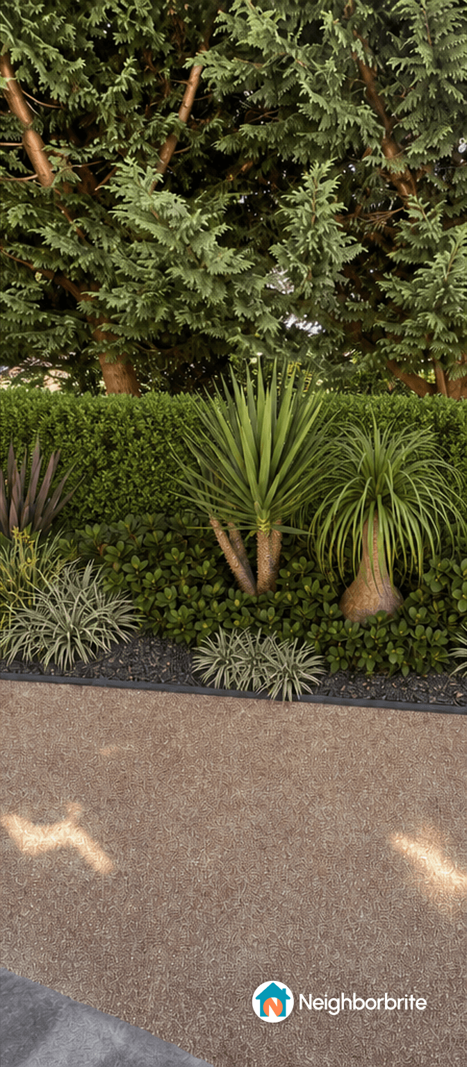 A landscaped area with boxwoods and various plants near a fence.