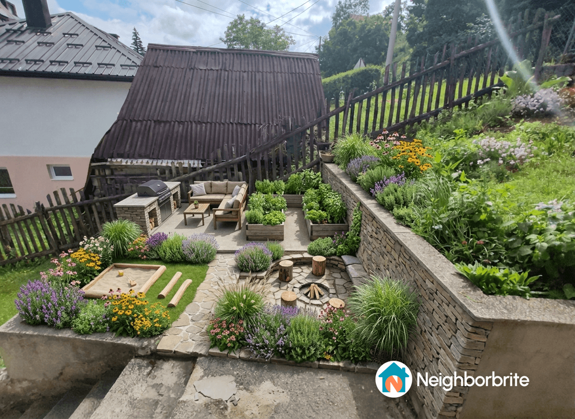 A vibrant garden with seating, flowers, and a fire pit.