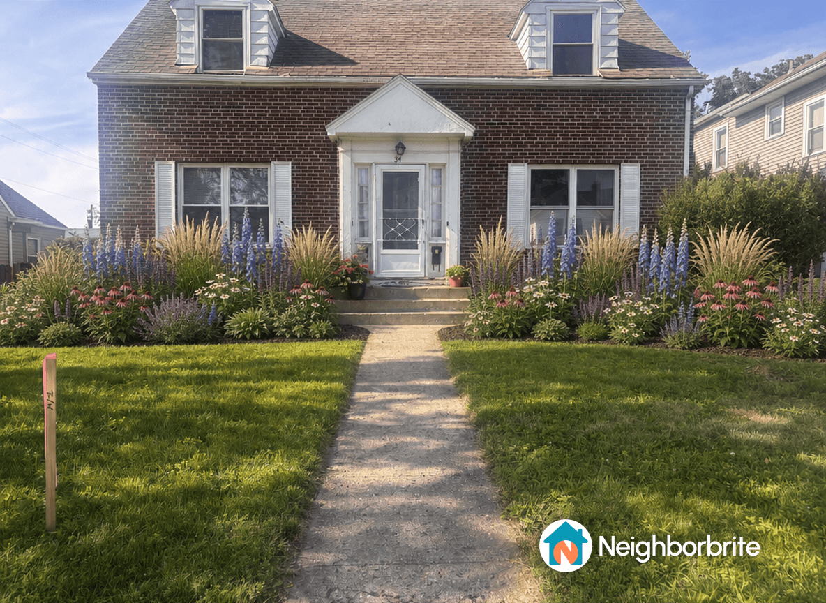 A charming front yard with colorful flowers and a clear pathway.