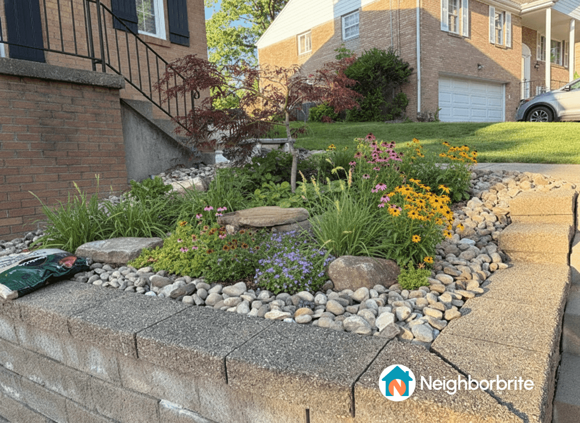Garden area with flowers and stones, suggesting additions of grasses and mulch.