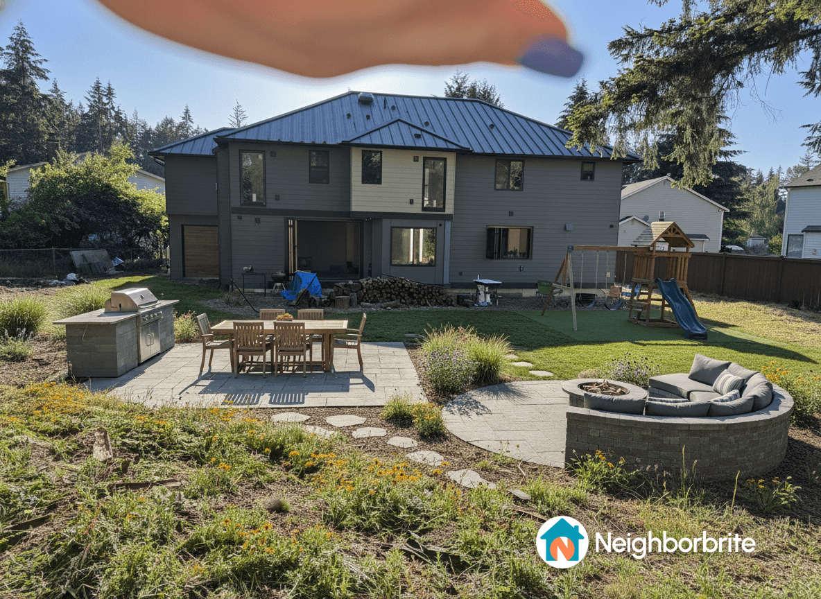 A beautifully designed backyard with a patio, grill, and play area.