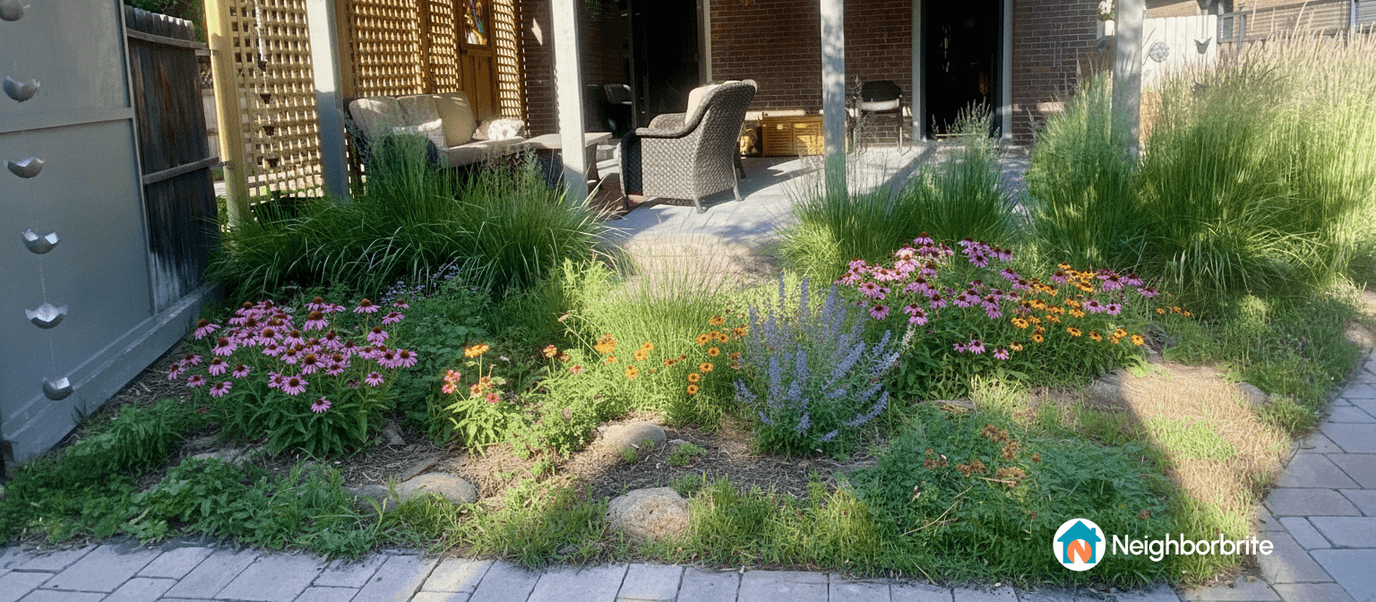 A vibrant garden design featuring various flowers and grasses near a patio.
