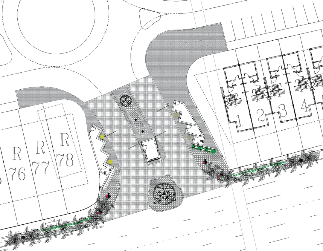 Top-down view of a site plan with trees, palms, and paving details.