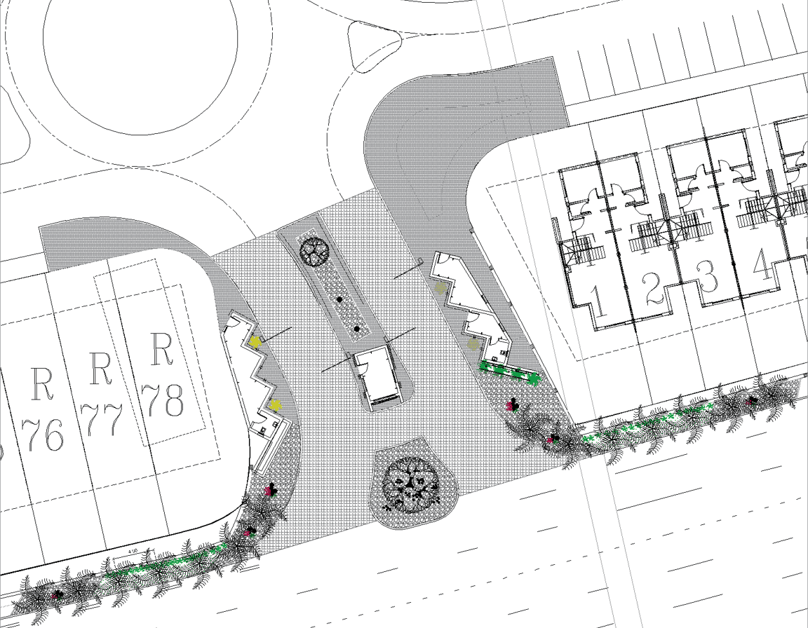 Top-down view of a site plan with trees, palms, and paving details.