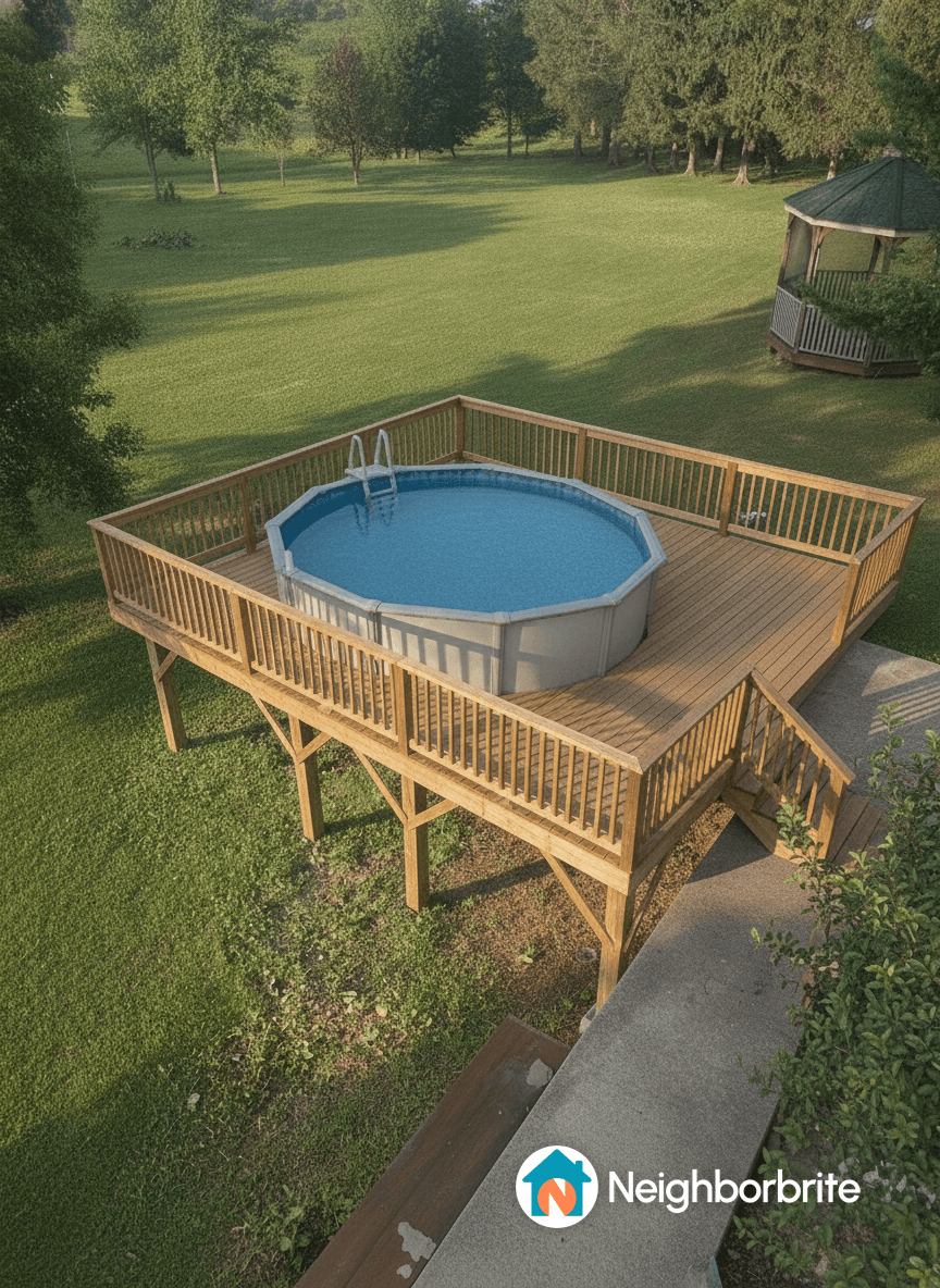 A wooden deck surrounding a pool in a backyard setting.