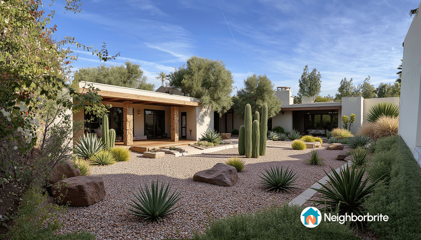 A modern desert landscape featuring cacti, rocks, and gravel.
