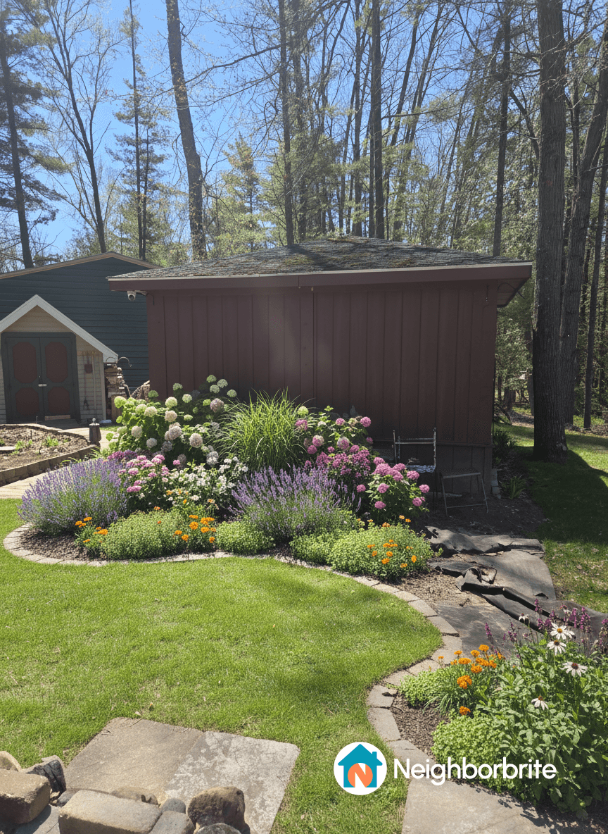 Pathway in front of a vibrant garden with flowers and greenery.