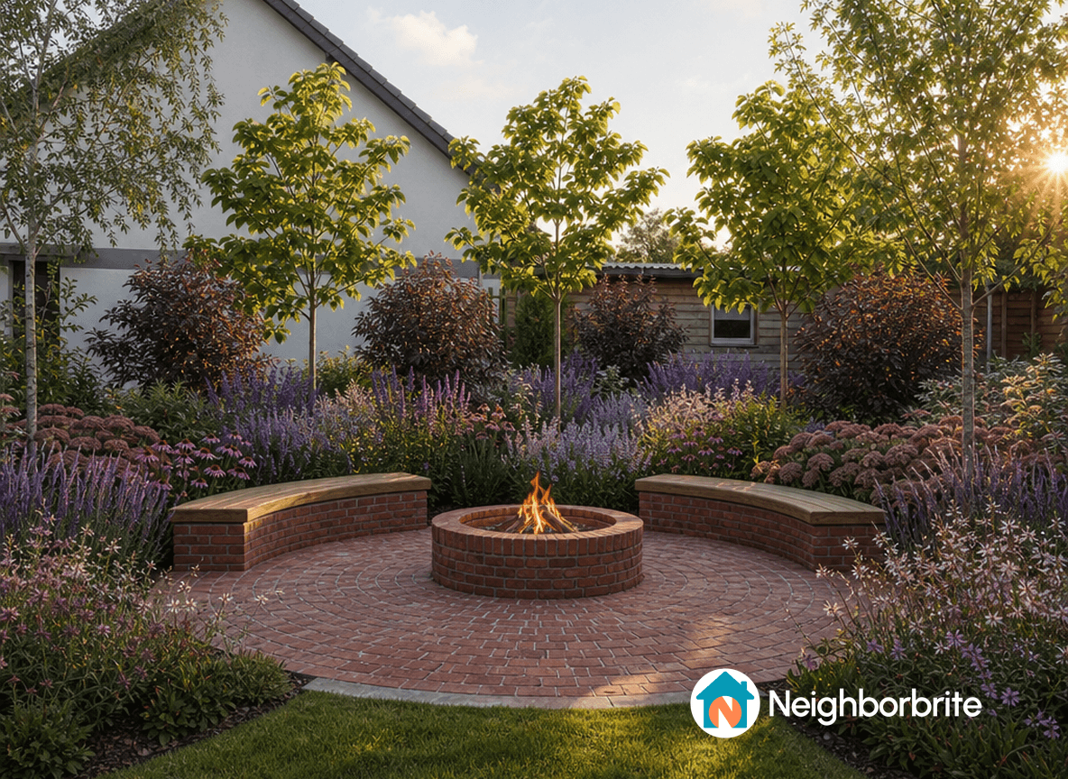 A cozy fire pit surrounded by colorful flowers and trees.