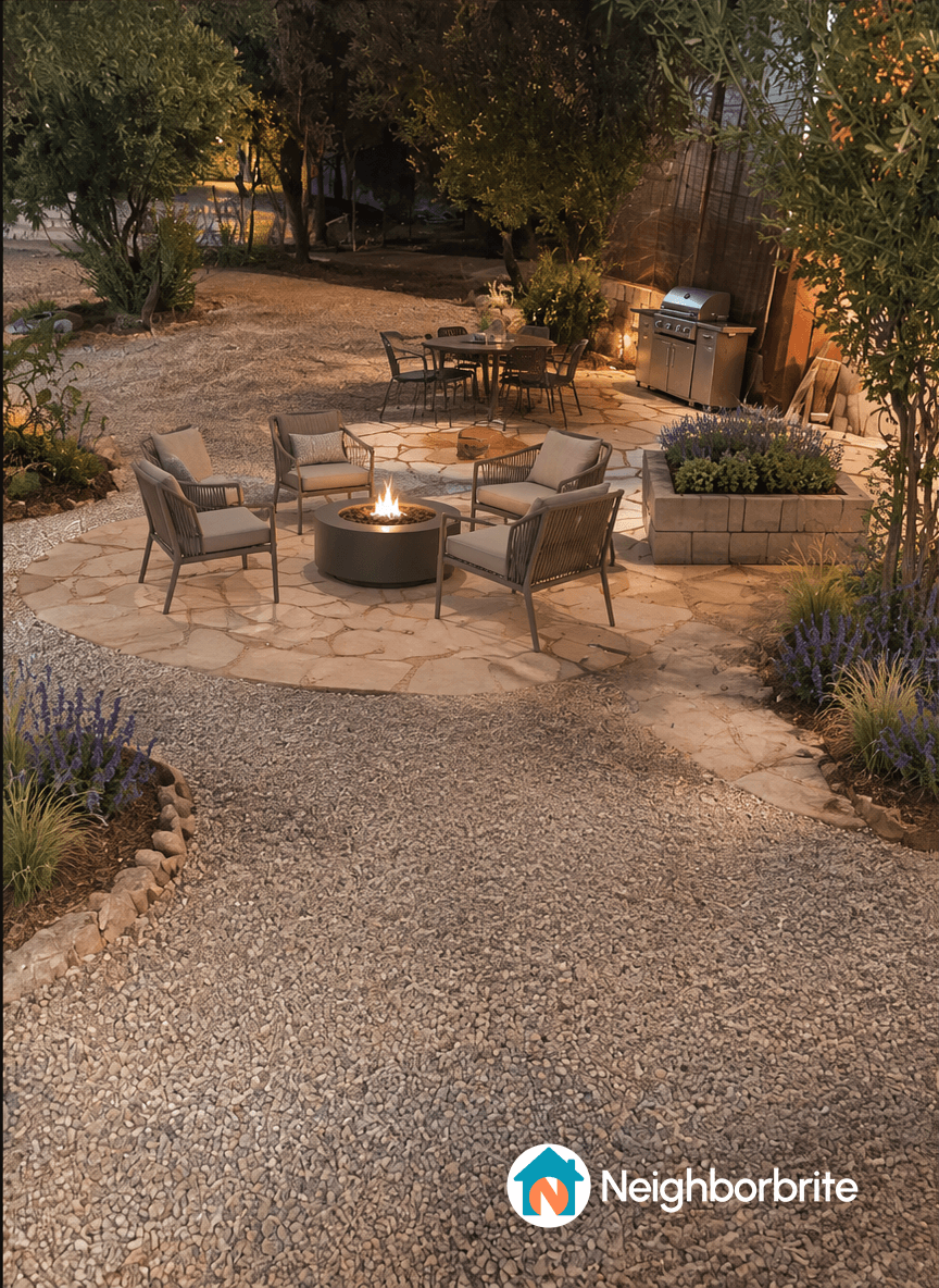 A cozy outdoor space with seating around a fire pit and a dining table.