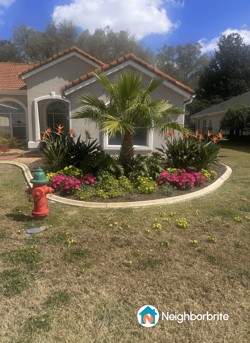 A landscaped yard with colorful flowers and a palm tree.