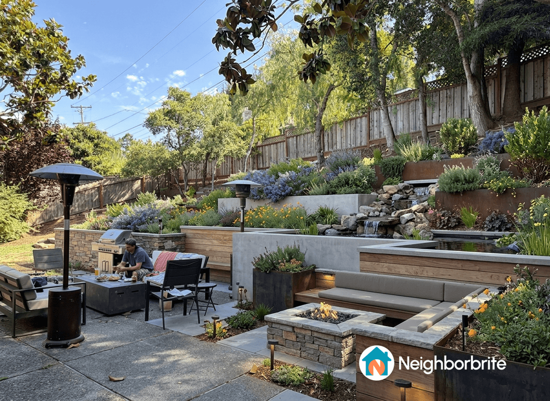 A beautifully landscaped backyard with seating, a grill, and lush plants.