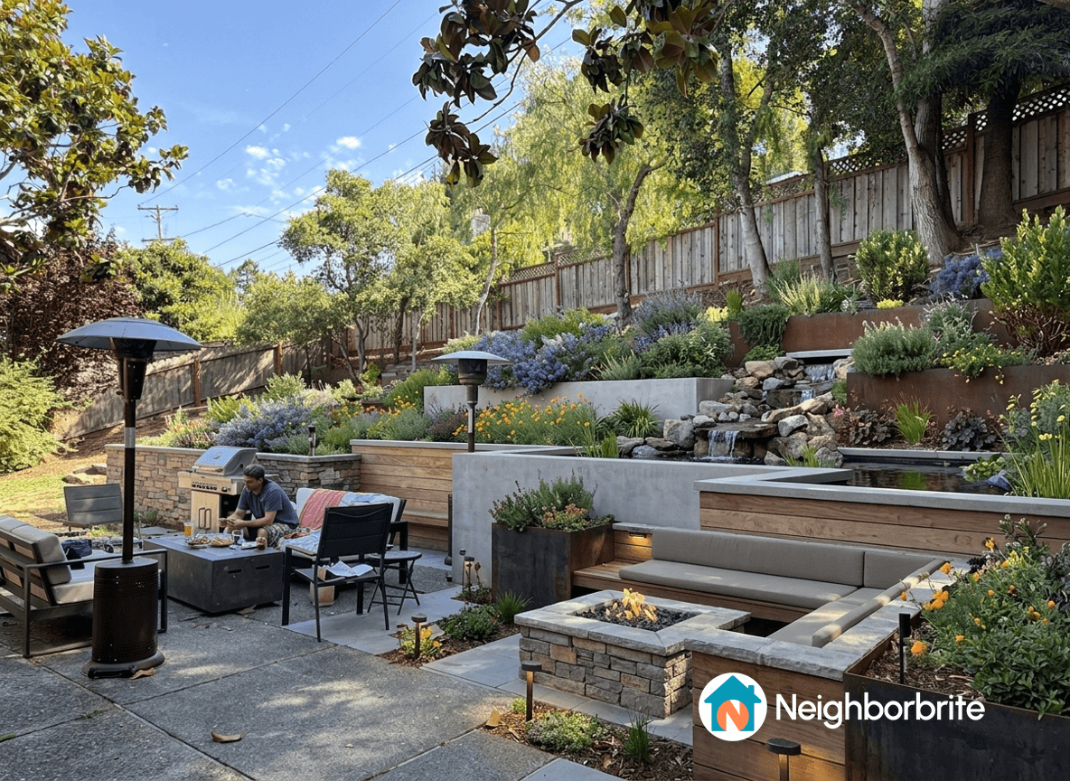 A beautifully landscaped backyard with seating, a grill, and lush plants.
