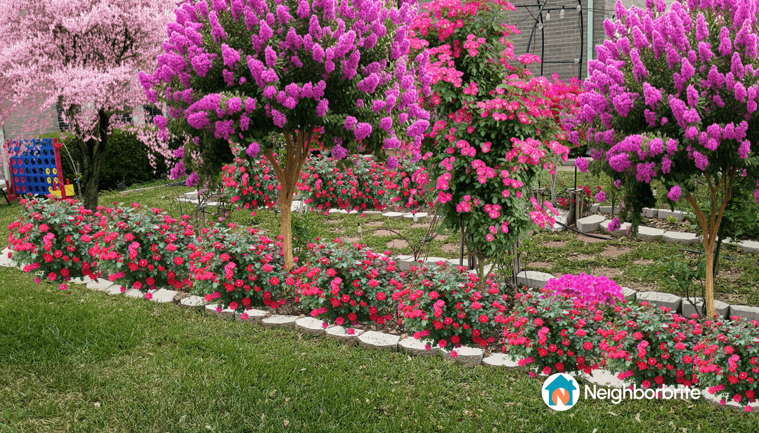 Colorful garden with pink flowers and greenery, showcasing full-grown plants.