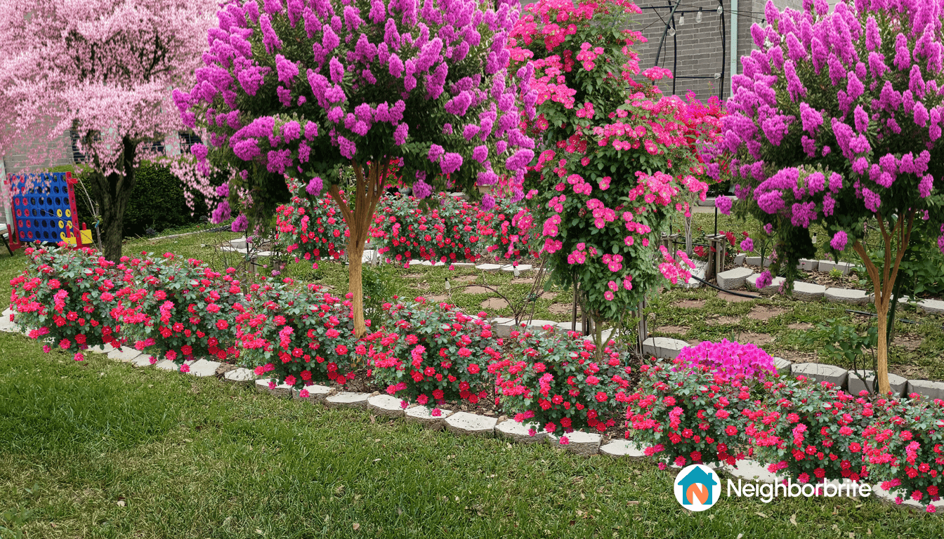 Colorful garden with pink flowers and greenery, showcasing full-grown plants.
