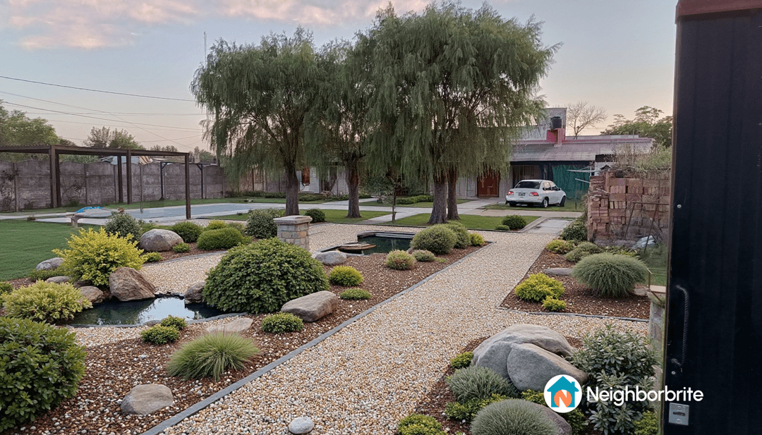 Vista de un parque con diseño japonés, incluyendo plantas, piedras y un estanque.