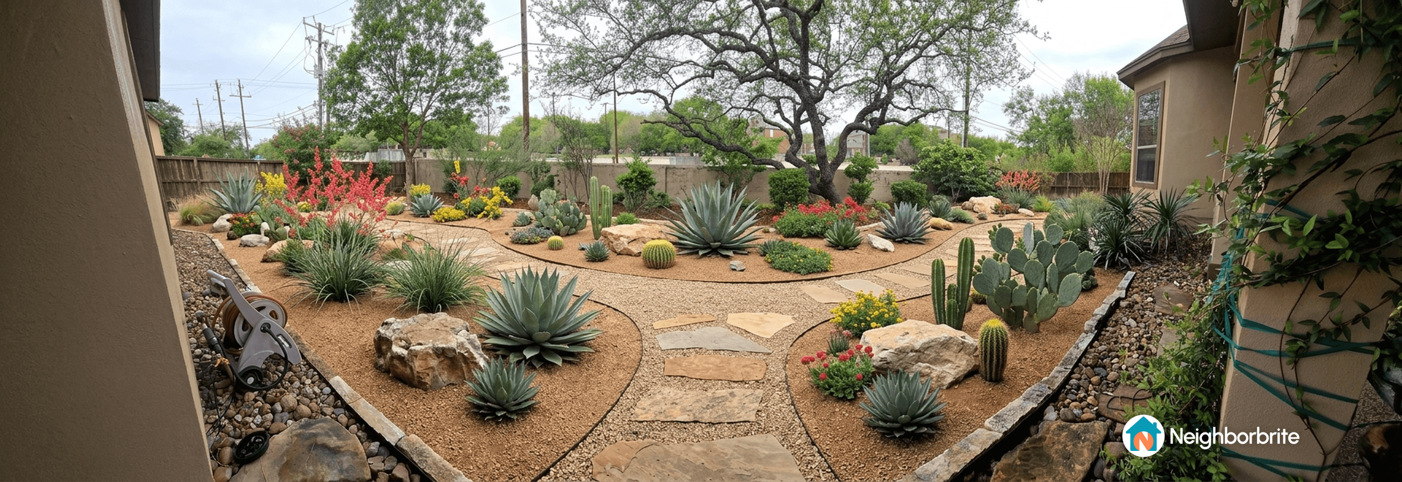 A landscaped yard featuring various plants, rocks, and pathways.