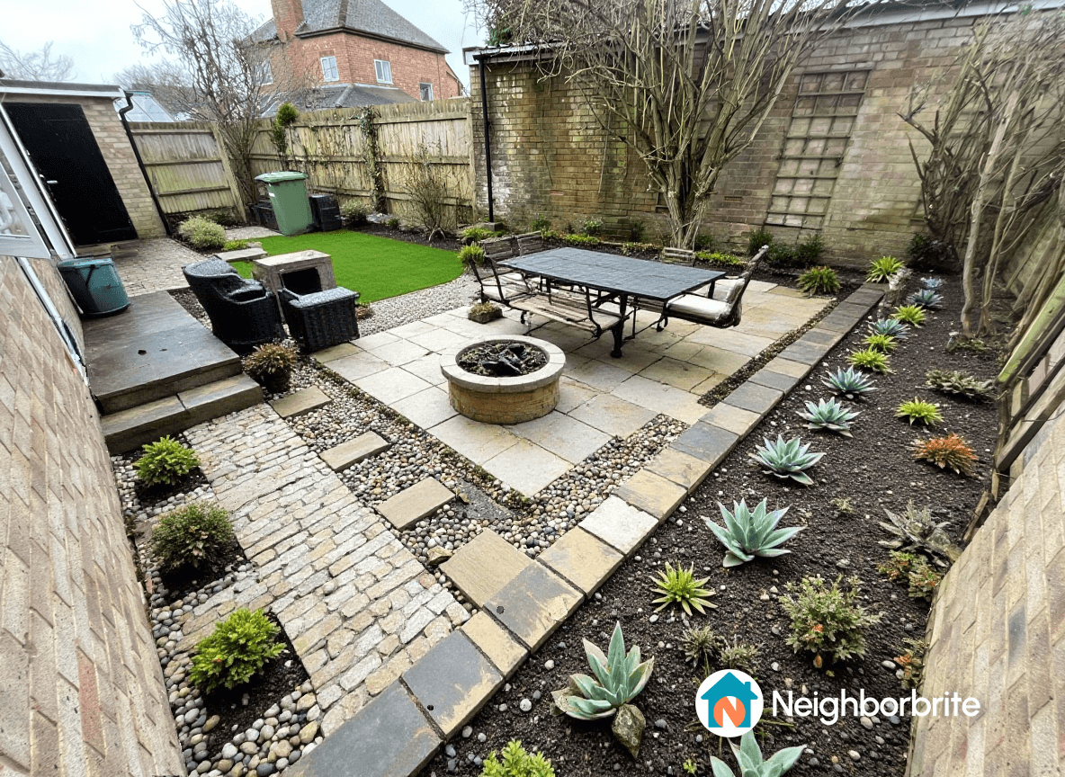 A backyard with a patio, fire pit, and garden beds, ready for renovation.