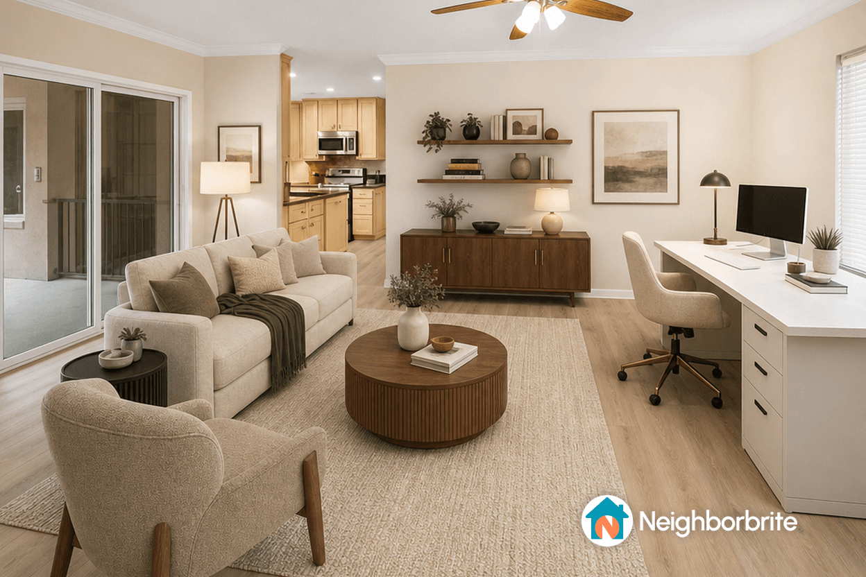 A modern office space with a cozy sofa, desk, and plants, ideal for guests.