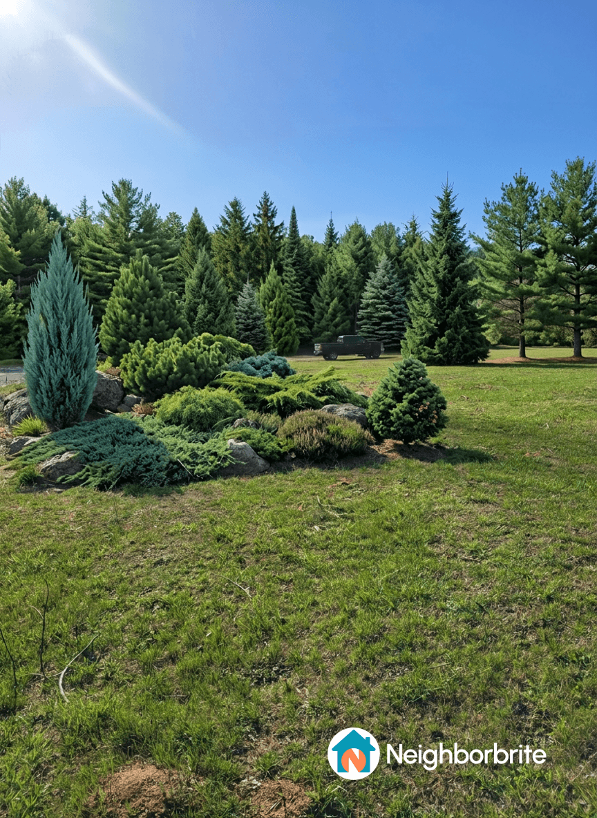A variety of trees and shrubs in a landscaped area.