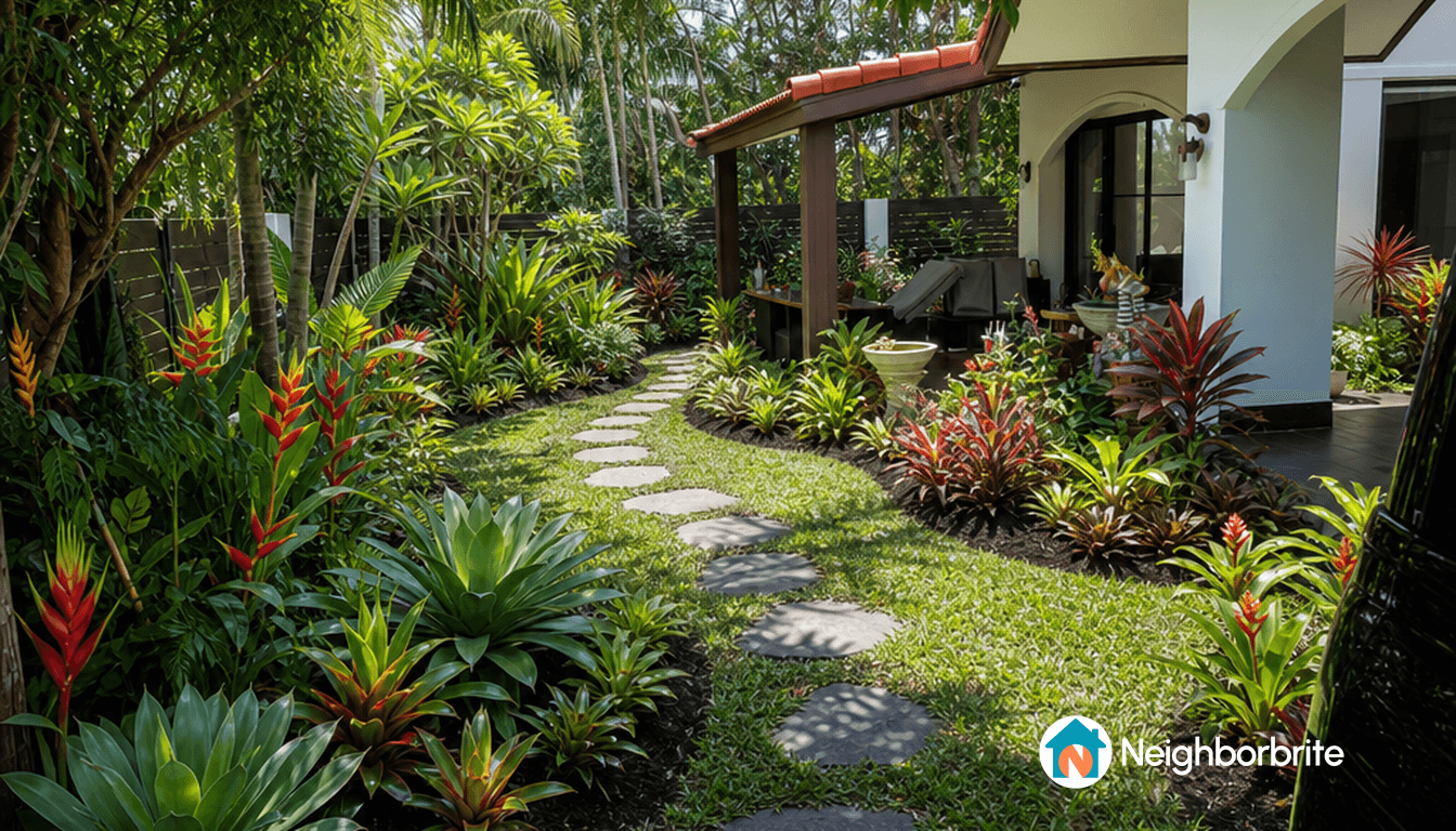 A beautifully landscaped yard with vibrant plants and a stone path.