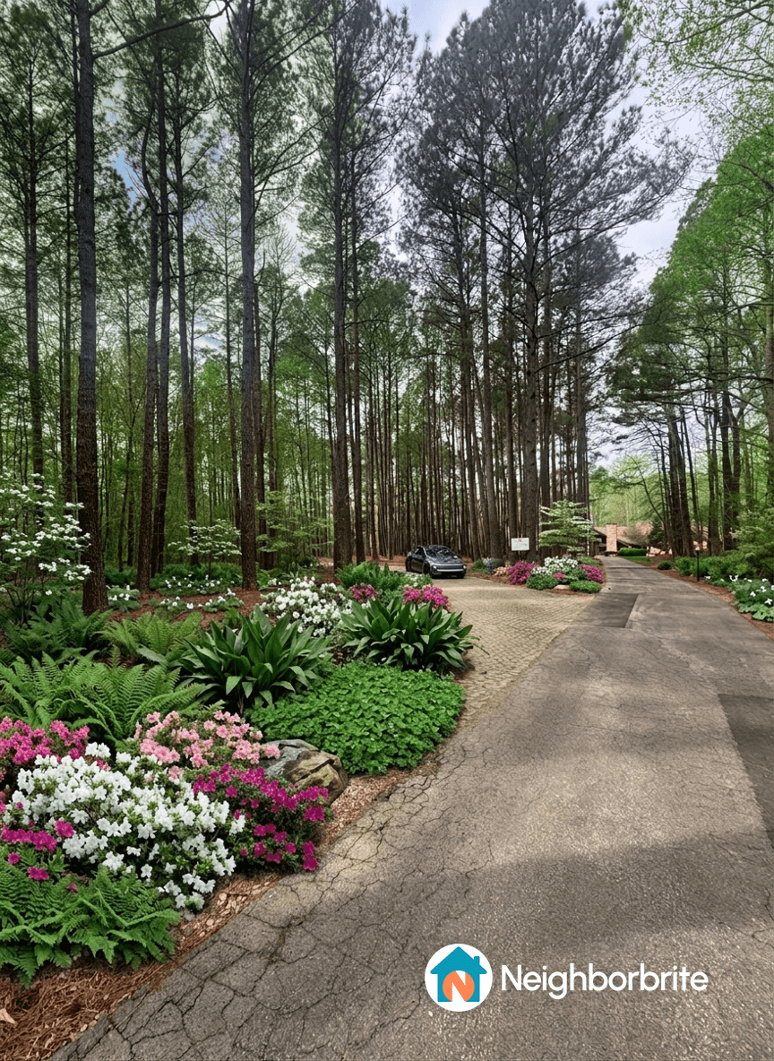 A lush garden with colorful flowers and ferns along a driveway in a wooded area.