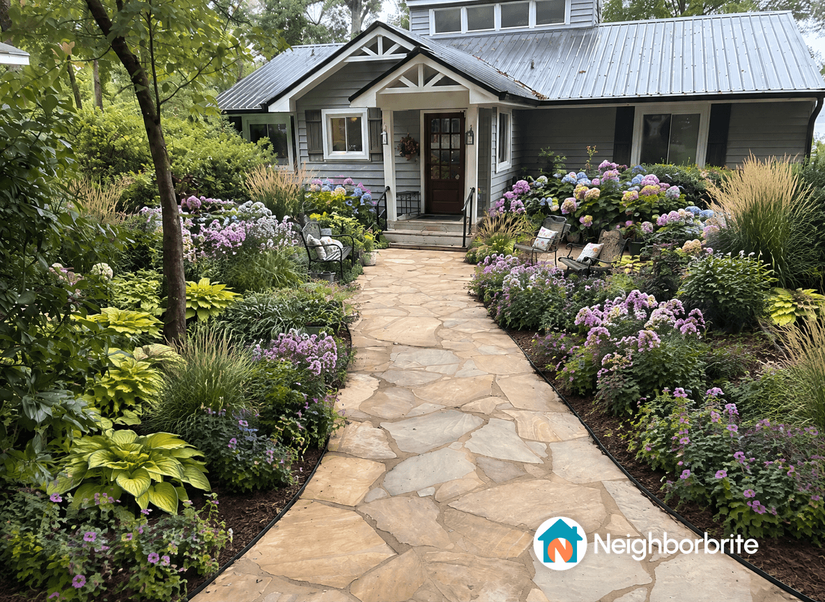 Beautifully landscaped entryway to a lake cottage with flowers and a stone path.