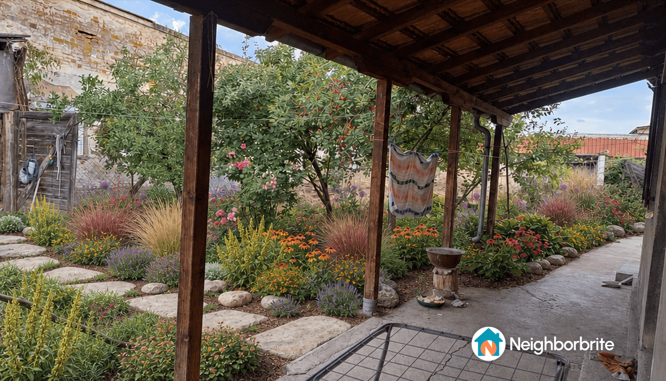 A garden with colorful flowers and plants, seeking bush ideas for a wire fence.