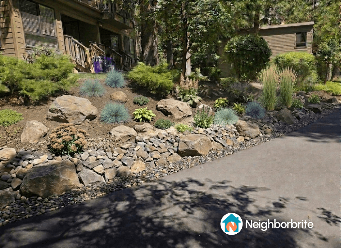 A landscaped yard featuring rocks, plants, and a pathway.