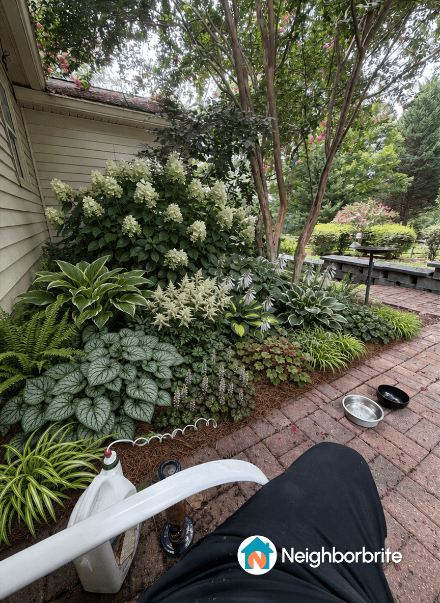 Lush garden with various plants, seeking drought tolerant options.