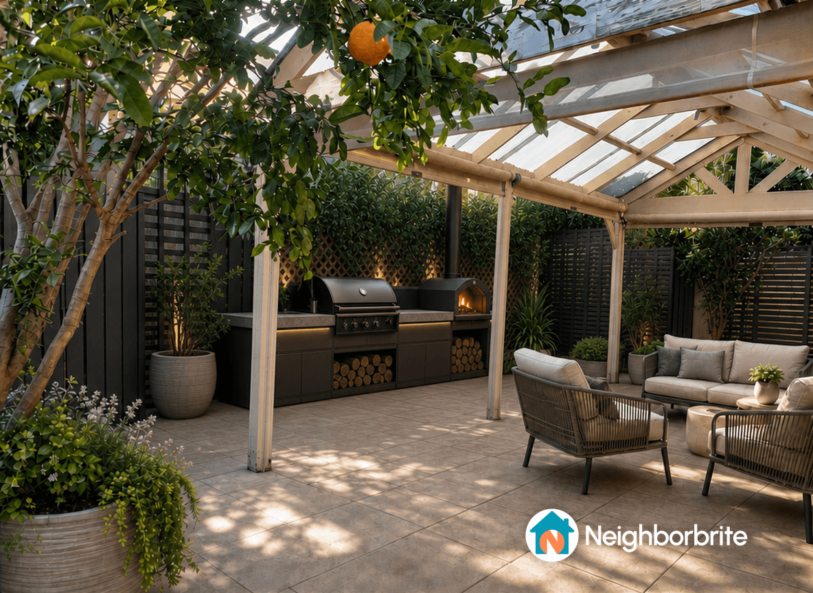 A modern outdoor kitchen setup with BBQ on the left side.