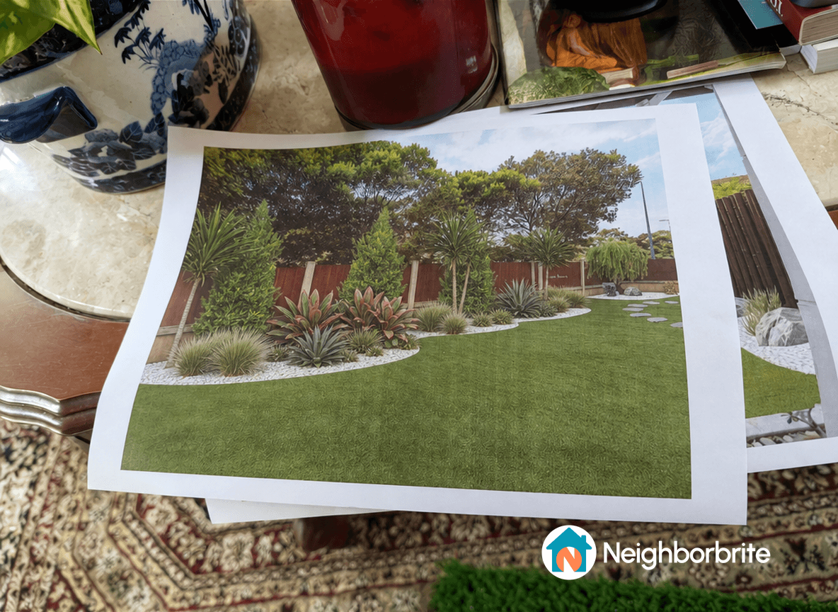Printed landscape design plan featuring plants and grass layout.