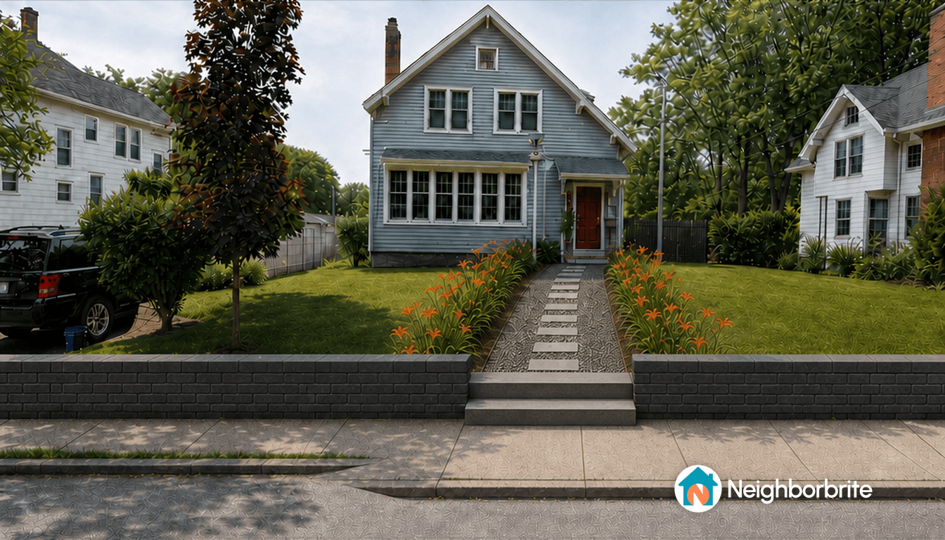 A front yard with a retaining wall, pathway, and flowers.