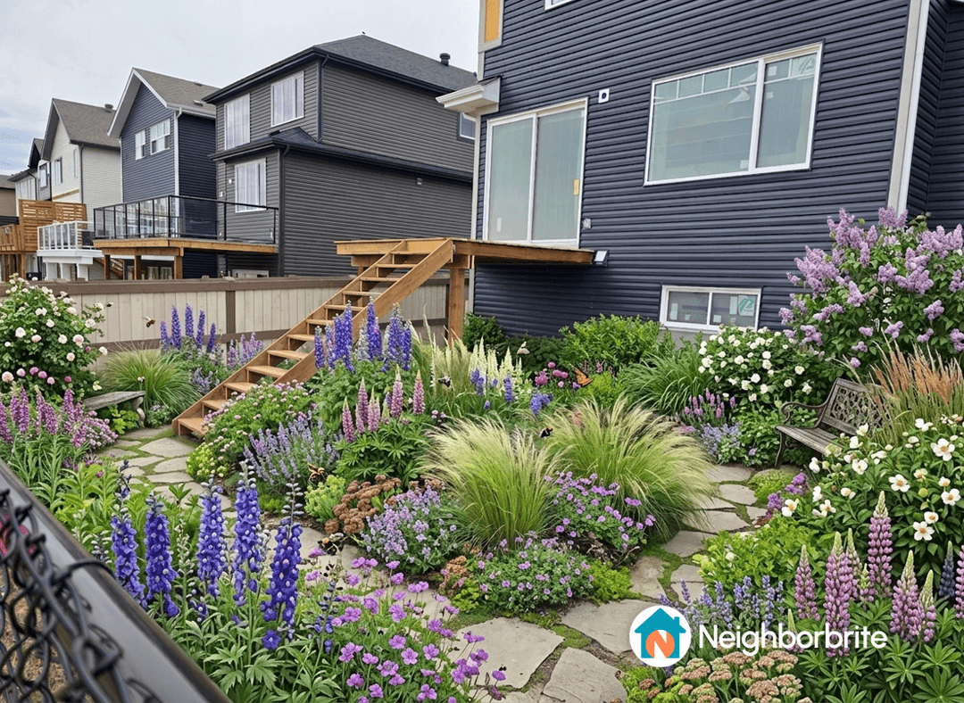 Colorful garden with flowers and a wooden staircase in Edmonton.