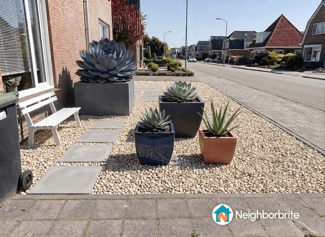 A landscaped yard with potted succulents and a pathway.