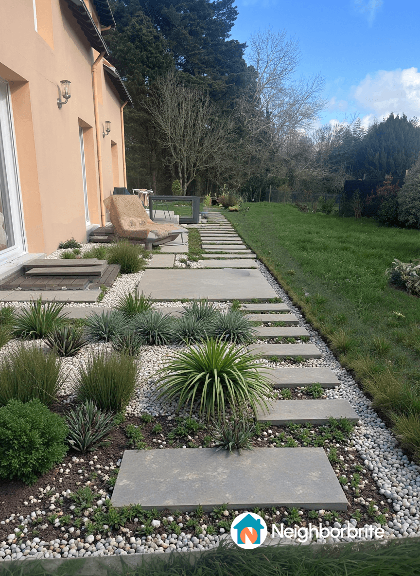 A wooden terrace with stone pathways and lush greenery.