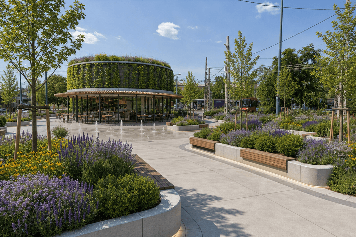 A vibrant community space with greenery, flowers, and a modern building.