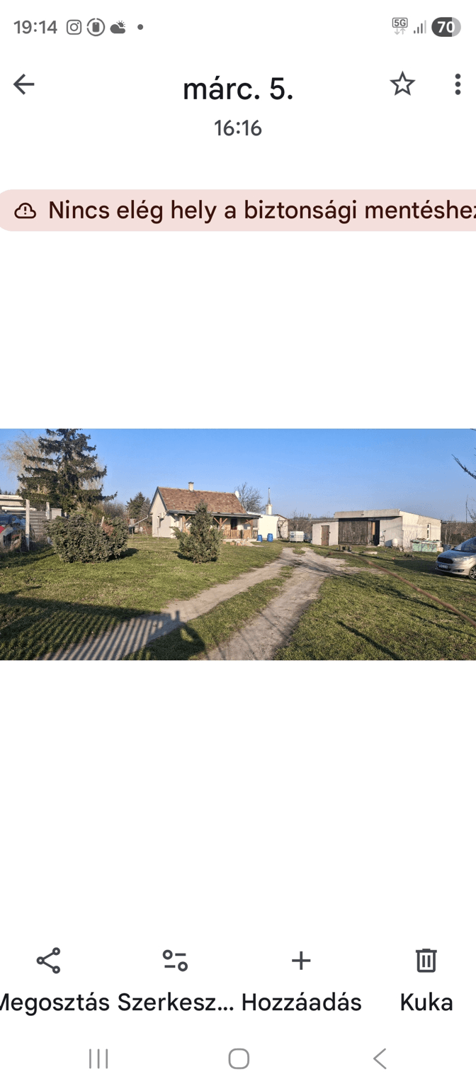 Panoráma a kertben, örökzöld cserjékkel és házzal.