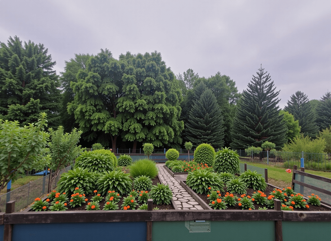 A garden with various plants and flowers, seeking fruit plant ideas.