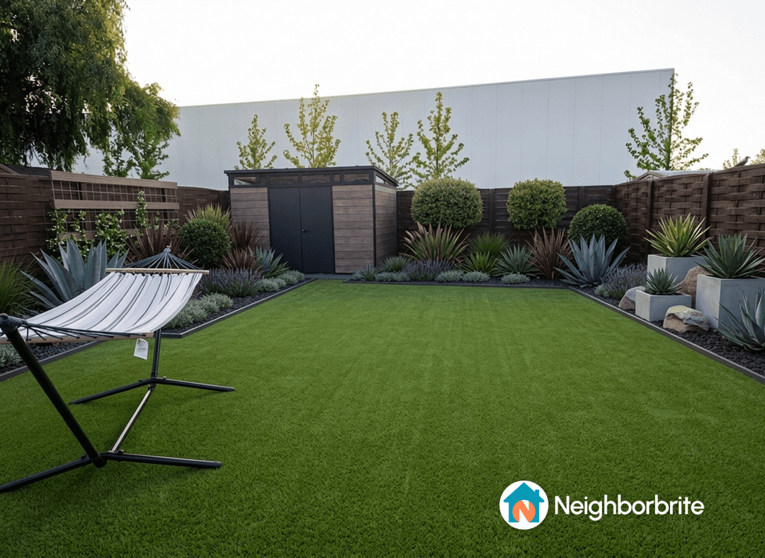 A well-designed yard featuring a hammock, greenery, and modern shed.