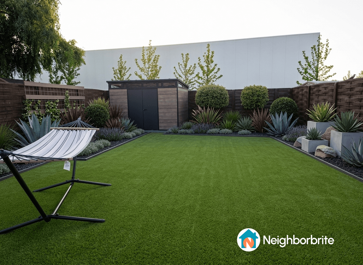 A well-designed yard featuring a hammock, greenery, and modern shed.